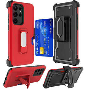 Samsung Galaxy S23 Ultra 3-in-1 Holster Clip Combo Case (w/ Card Holder and Magnetic Kickstand) - Red
