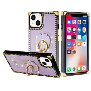 Apple iPhone 13 (6.1) Diamond Ring Stand Ornament Glitter Design Charm Hearts Square Case - Flower / Purple