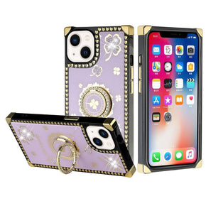 Apple iPhone 13 Pro (6.1) Diamond Ring Stand Ornament Glitter Design Charm Hearts Square Case - Clover / Purple