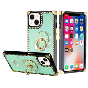 Apple iPhone 13 (6.1) Diamond Ring Stand Ornament Glitter Design Charm Hearts Square Case - Flower / Teal