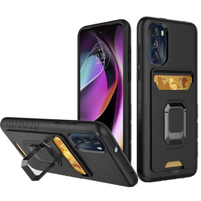 Motorola Moto G 5G (2022) Brushed Metal Hybrid Case (w/ Card Holder and Magnetic Ring Stand) - Black