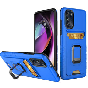 Motorola Moto G 5G (2022) Brushed Metal Hybrid Case (w/ Card Holder and Magnetic Ring Stand) - Blue