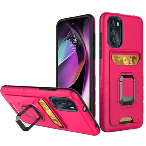 Motorola Moto G 5G (2022) Brushed Metal Hybrid Case (w/ Card Holder and Magnetic Ring Stand) - Hot Pink