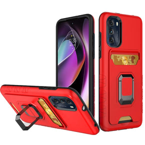 Motorola Moto G 5G (2022) Brushed Metal Hybrid Case (w/ Card Holder and Magnetic Ring Stand) - Red