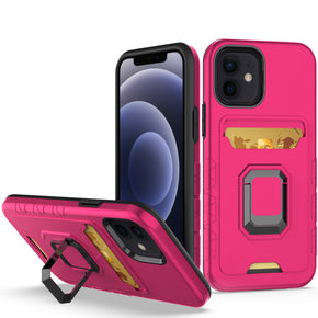 Apple iPhone 14 Pro (6.1) Brushed Metal Hybrid Case (w/ Card Holder and Magnetic Ring Stand) - Hot Pink