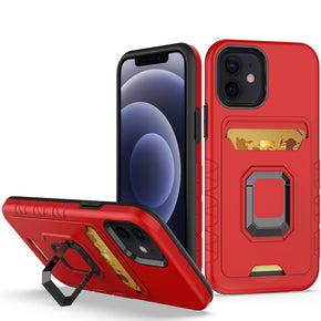 Apple iPhone 14 Pro (6.1) Brushed Metal Hybrid Case (w/ Card Holder and Magnetic Ring Stand) - Red