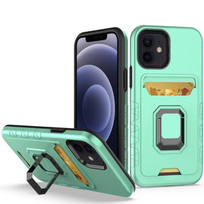 Apple iPhone 14 Pro (6.1) Brushed Metal Hybrid Case (w/ Card Holder and Magnetic Ring Stand) - Teal