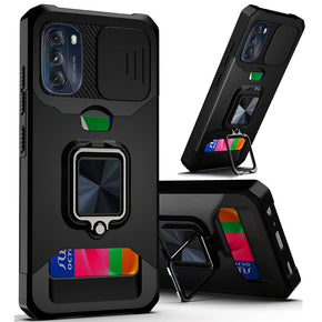 Motorola Moto G 5G (2022) Multi-Function Hybrid Case with Card Holder, Camera Cover and Magnetic Ring Stand - Black