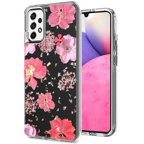 Samsung Galaxy A33 5G Floral Glitter Design Transparent Hybrid Case - Pink Flower