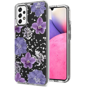 Samsung Galaxy A33 5G Floral Glitter Design Transparent Hybrid Case - Purple Flower