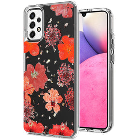 Samsung Galaxy A33 5G Floral Glitter Design Transparent Hybrid Case - Red Flower