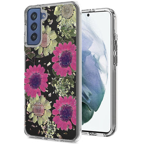 Samsung Galaxy S21 FE Floral Glitter Design Transparent Hybrid Case - Daisy Pink