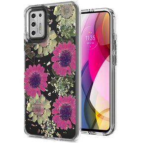 Motorola Moto G Stylus (2021) Floral Glitter Design Transparent Hybrid Case - Pink Daisy