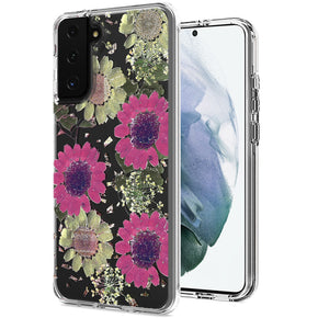 Samsung Galaxy S22 Ultra Floral Glitter Design Transparent Hybrid Case - Daisy Pink
