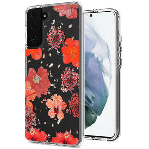 Samsung Galaxy S22 Ultra Floral Glitter Design Transparent Hybrid Case - Red Flowers