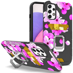 Samsung Galaxy A33 5G Metallic Design Hybrid Case (w/ Card Holder and Magnetic Ring Stand) - Pink Floral
