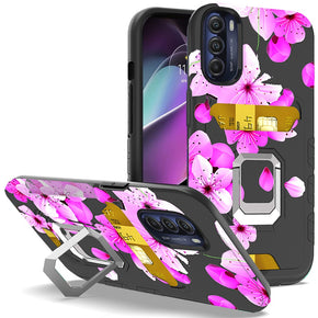 Motorola Moto G 5G (2022) Metallic Design Hybrid Case (w/ Card Holder and Magnetic Ring Stand) - Pink Floral