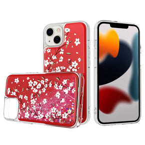 Apple iPhone 14 Plus (6.7) Quicksand Glitter Water Hybrid Design Case - Red Flower