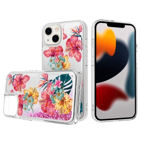 Apple iPhone 14 Plus (6.7) Quicksand Glitter Water Hybrid Design Case - Multi-Color Flower
