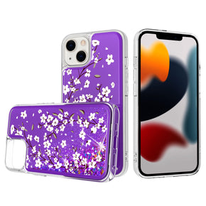 Apple iPhone 14 Plus (6.7) Quicksand Glitter Water Hybrid Design Case - Purple Flower