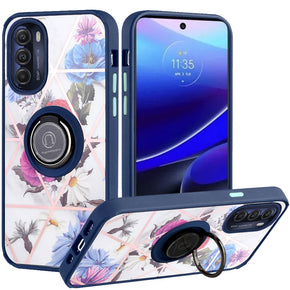 Motorola Moto G Stylus 5G (2022) Unique IMD Design Hybrid Case (with Magnetic Ring Stand) - Floral Marble / Blue