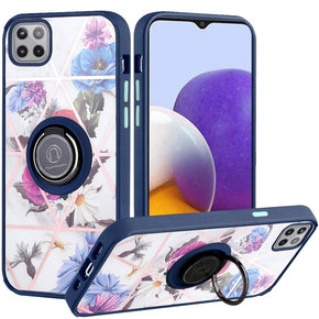 Samsung Galaxy A22 5G / Boost Celero 5G Unique IMD Design Hybrid Case (with Magnetic Ring) - Floral Marble/Blue