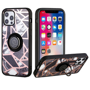 Apple iPhone 14 Plus (6.7) Unique IMD Design Hybrid Case (with Magnetic Ring Stand) - Fancy Marble / Black
