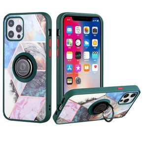 Apple iPhone 14 Pro Max (6.7) Unique IMD Design Hybrid Case (with Magnetic Ring Stand) - Galaxy Marble / Green