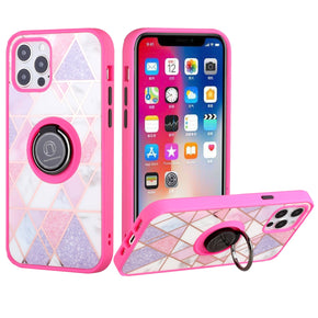Apple iPhone XR Unique IMD Design Hybrid Case (with Magnetic Ring Stand) - Mesh Marble / Pink