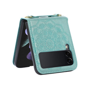 Samsung Galaxy Z Flip4 Embossed Floral Design Case with Strap - Teal