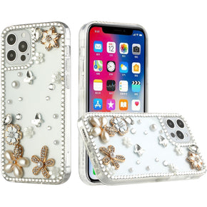 Apple iPhone 14 Pro (6.1) Diamond Ornament Hard TPU Case - White Flower Butterfly