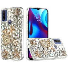 Motorola Moto G Play (2023) Full Diamond Ornaments Case (Pearl Flowers with Perfume) - Silver