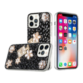 Apple iPhone 16 Pro (6.3) Full Diamond Ornaments Case (Pearl Flowers with Perfume) - Black