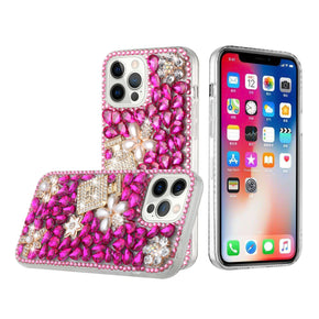 Apple iPhone 13 Pro Max (6.7) Full Diamond Ornaments Case (Pearl Flowers with Perfume) - Hot Pink