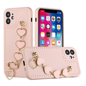Apple iPhone 12 (6.1) Hearts TPU Case with Hearts Chain - Pink