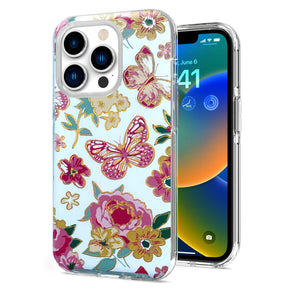 Apple iPhone 13 Pro Max (6.7) Bronze Gold Layer Design Hybrid Case - Peaceful Butterfly Garden