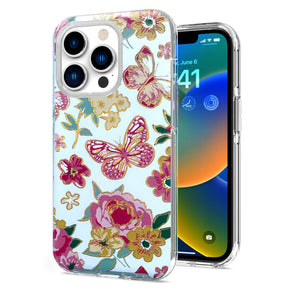 Apple iPhone 14 Pro Max (6.7) Bronze Gold Layer Design Hybrid Case - Peaceful Butterfly Garden