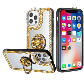 Apple iPhone 13 Pro (6.1) Diamond Ornaments Ring Stand Mirror Case - Gold