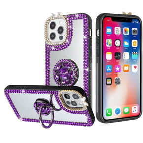 Apple iPhone 13 (6.1) Diamond Ornaments Ring Stand Mirror Case - Purple
