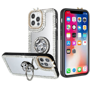 Apple iPhone 13 (6.1) Diamond Ornaments Ring Stand Mirror Case - Silver