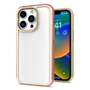 Apple iPhone 14 (6.1) Electroplated Gold Frame Glitter Transparent Hybrid Case - Hot Pink