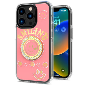 Apple iPhone XR Smiling Bling Ornament Design Hybrid Case (with Ring Stand) - Pink