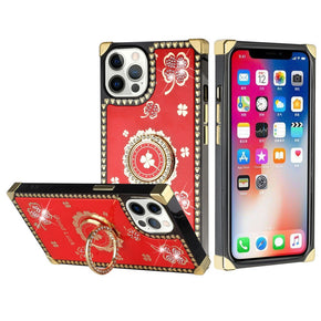 Apple iPhone 13 Pro Max (6.7) Bling Glitter Ornaments Engraving Diamond Ring Stand Passion Square Hearts Case - Good Luck Floral Red