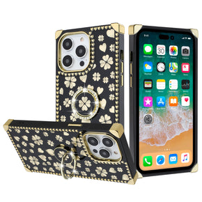 Apple iPhone 13 (6.1) Bling Glitter Hearts Design Diamond Ring Stand Passion Square Case - Black
