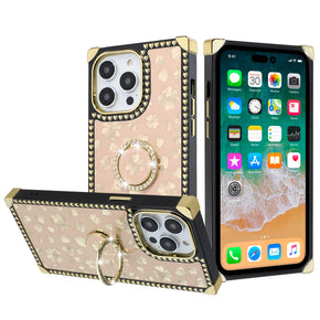 Apple iPhone 13 (6.1) Bling Glitter Hearts Design Diamond Ring Stand Passion Square Case - Gold