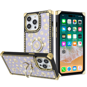 Apple iPhone 13 (6.1) Bling Glitter Hearts Design Diamond Ring Stand Passion Square Case - Purple