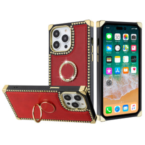 Apple iPhone 14 Pro Max (6.7) Leather Passion Square Hearts Case with Diamond Ring Stand - Red
