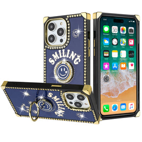 Apple iPhone 11 (6.1) Smiling Diamond Ring Stand Passion Square Hearts Case - Blue