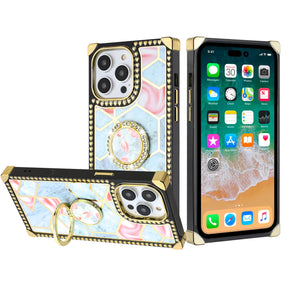 Apple iPhone 8/7/SE(2022)(2020) IMD Design Passion Square Hearts Case with Diamond Ring Stand - B