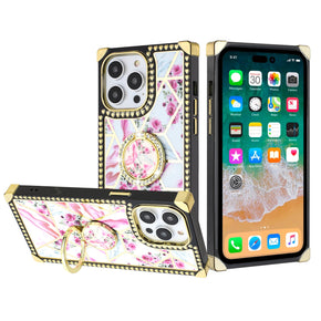 Apple iPhone 8/7/SE(2022)(2020) IMD Design Passion Square Hearts Case with Diamond Ring Stand - C